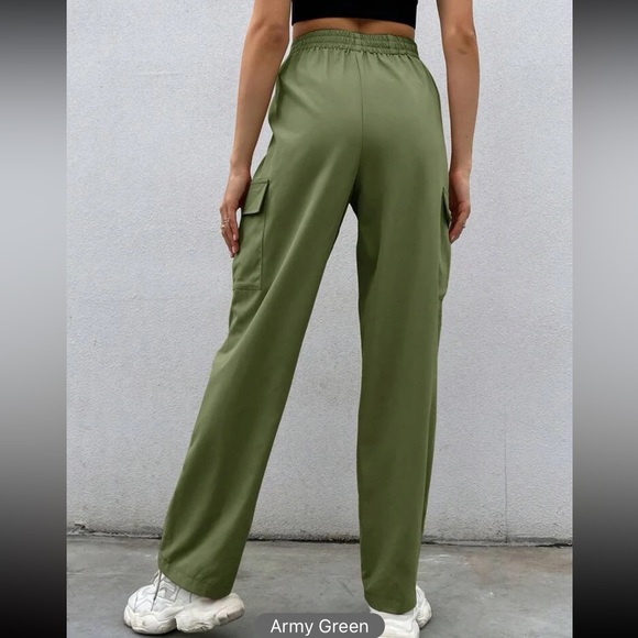 Green High Waist Side Flap Pocket Cargo Pants wide leg - Picture 4 of 4